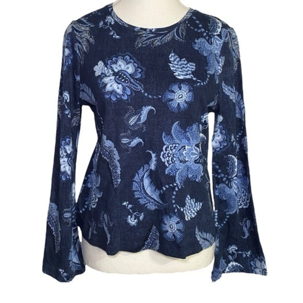 Chico's Navy and Light Blue Floral Long Sleeve Top